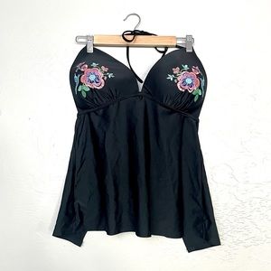 Black embroidered swim top tankini XXL